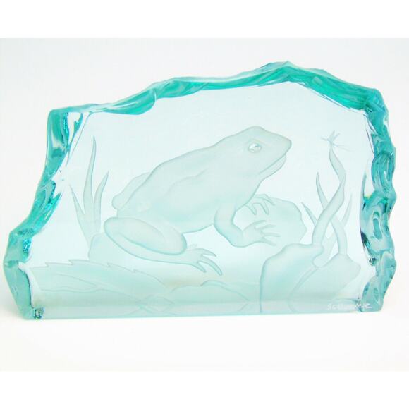 Etched Art Glass Frog & Bug Pond Artist Signed Scrivner Plaque Paperweight Decor - Picture 7 of 9